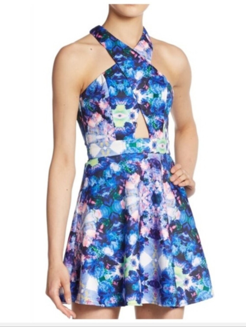 Naven Kaleidoscope Cutout A-line Blue Floral Cross-Back Skater Dress-Size Medium